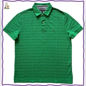 Tommy Hilfiger Green Polo with Thin Navy Stripes